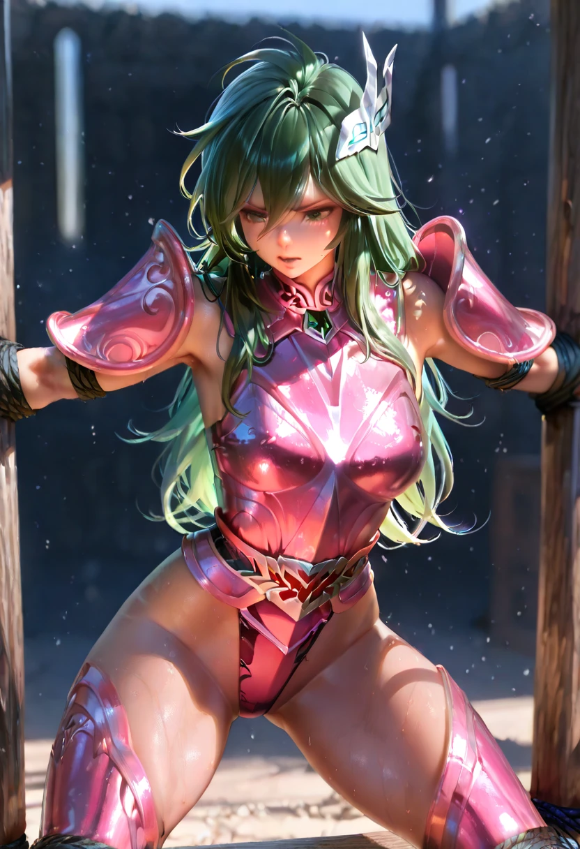One girl,18-year-old,Excellent anatomy, masterpiece, Highest quality,Realistic, hyperRealistic, 16k hdr,(necklace,Cleavage,damaged body,Sweat,Beautiful Face,Mature Woman,Muscular Paladin,Torn Costume,Arm guard,Leg guards,Shoulder Armor:1.2),(blush,anger,:1.2),Fantasy World,Outdoor,village,blue sky,(Surrounded by many vicious horny goblins:1.3),(Decorated Cross:1.3),(Crucifixion,Spread the word_arms,Tie your arms:1.5),From above