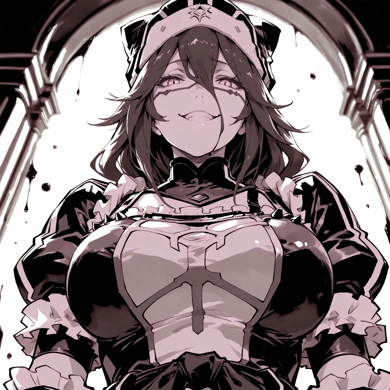 Score_9, score_8_up, score_7_up, score_6_up,  gyaru, source_anime, 1girl, solo, macabre and sinister woman, long hair that covers the eyes, sinister and macabre smile, Eyes red, short white dress.