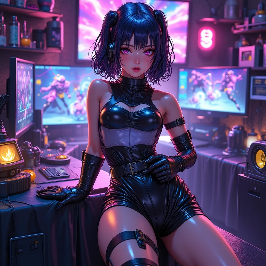 (masterpiece), (best quality), (high res) Solo, (perfect anatomy), (young girl (10 years old), (dark skin), curly purple hair (shoulder length), red eyes, round eyeglasses, (skin tight dress), (red high heels boots), (shirt), (super tight mini skirt), angry, flat chest in a futuristic setting with a red light, cyberpunk, cyber suit, best anime 4k, cybersuits, in a backstage
