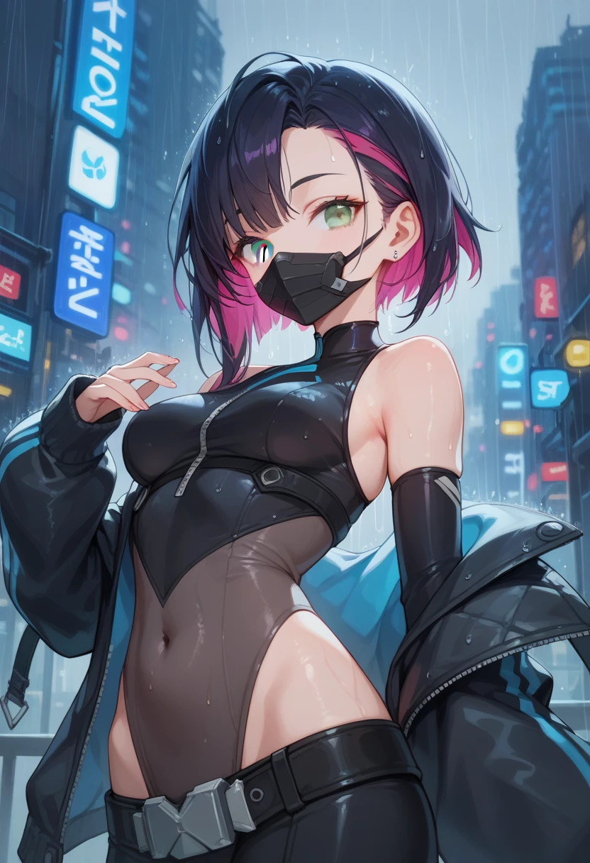 <lora:luna_(astrum_design):0.9>, (high quality:1.2), (high resolution:1.2),
luna \(astrum design\),1girl, solo, purple hair, short hair, multicolored hair, yellow eyes, black leotard, jacket, black pantyhose, black sneakers, mouth mask, cleavage,
alley,street light, night