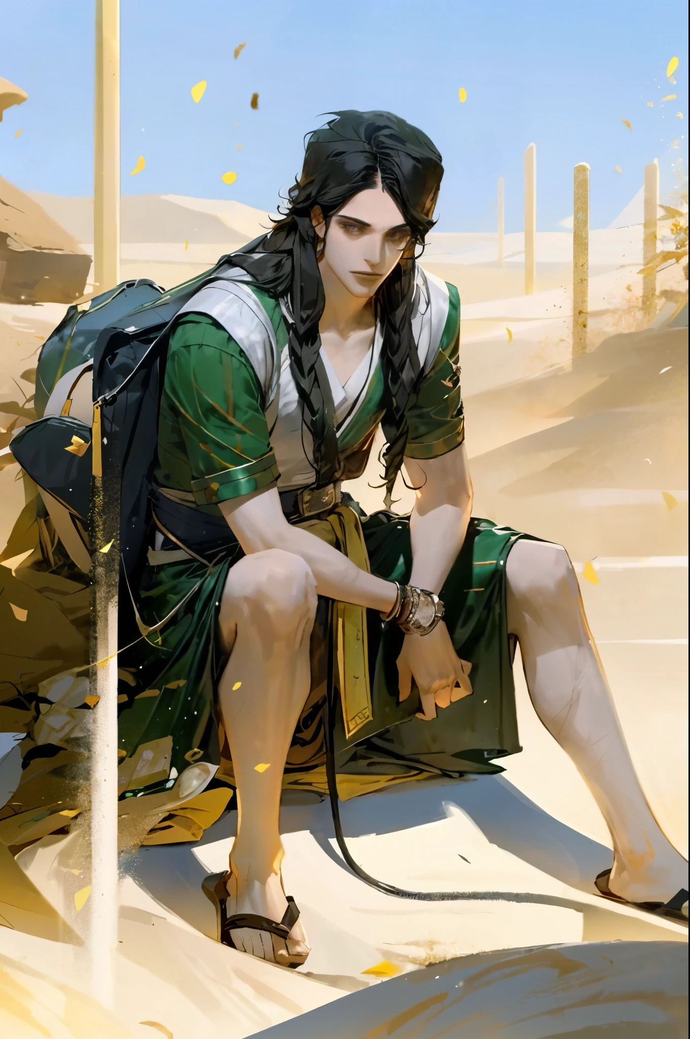 1men, slightly tanned skin, firm build, average height (1.66 m), black hair, long and rebellious , dark and expressive eyes, angled face, serene but intense look, wears earth-tone linen tunic with leather belt, sandals, pendant with stone, copper bracelet on a wrist, relaxed but alert posture, appearance of a nomadic merchant with a confident and reserved air, desert background or village with awnings and dust in the environment.