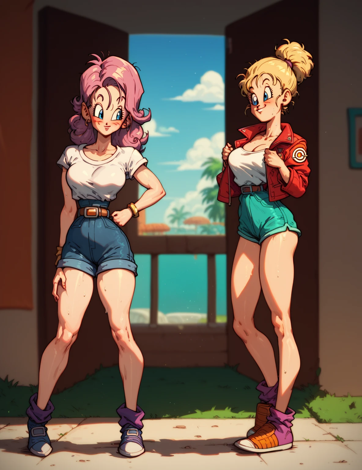 (best quality,4k,8k,highres,masterpiece:1.2),ultra-detailed,realistic,sexy high school girl with orange hair in a garden setting,beautiful detailed eyes, beautiful detailed lips,extremely detailed eyes and face,long eyelashes,flawless skin,pink panties peeking from under the skirt,gorgeous pink and black ,fitted skirt accentuating the curves,plaid pattern on the skirt,cropped white blouse,unbuttoned top buttons,large round breasts,confident and alluring pose,sunlight filtering through the trees,soft warm lighting,floral background, vibrant colors,portraits,high contrast,color grading with warm tones. Android 18,((cameltoe))