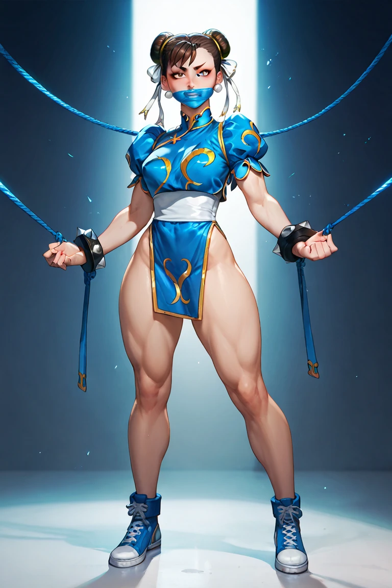 Very detailed、highest quality、Best image quality、masterpiece、8k、Anime Face、A kind smile、(Open your mouth:1.3)、Sparkling blue eyes、(Blonde Bob Hair:1.5)、(Muscles of the whole body:1.3)、(highleg:2.0)、(Wearing a thong:1.5)、Thigh belt、(Cowboy Shot:1.5)、(SFW Giant)、(Thick body:1.2)、(bra:1.5)、(sxspnts)、(Rear view:1.5)、(Dark Background:1.5)