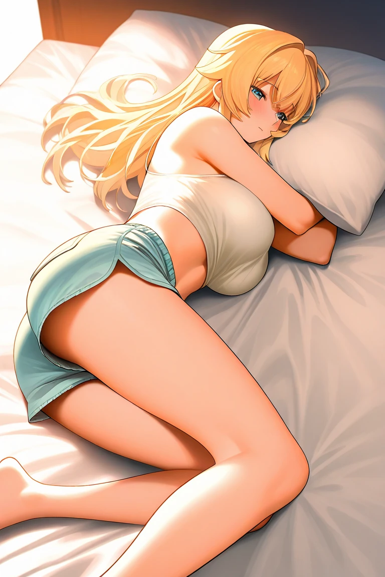 <lora:kakinai:1>blonde hair, blue eyes, on back, bed, pajamas, messy hair, long hair, navel, masterpiece, best quality