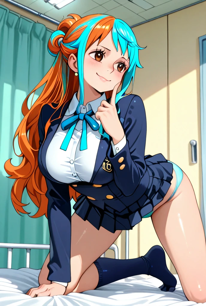(Perfect body),Best Quality,16 K、(White blouse)、(Blue tie)、(sleevless blouse)、((Blue miniskirt))、White knee socks、Blue striped panties、:D、I have my mouth wide open、(asymmetrical bangs)、(((Long straight hair)))、(Blue eyes),((Orange hair)),(Sweat)、(Big ass)、huge-breasted、(((thick thighs)))、Armpits、(Inside the spaceship)