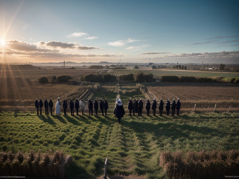 majikfone, group of different women with various hairstyles at an outdoor funeral, scottish highlands, view from behind, church, cemetery, majikfone<lora:Magikfone_XL_0.4:1>