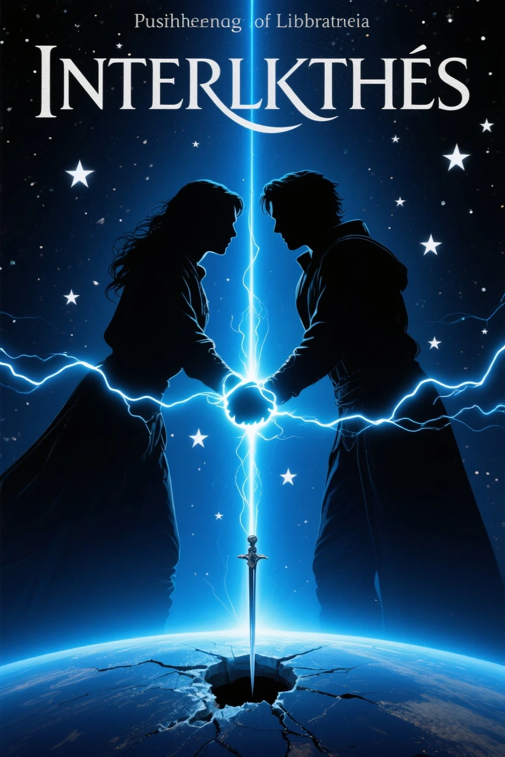 Starry sky with two people holding a sword and a star, men look at the sky, looking at the cosmos, in a galaxy looking deep, in the cosmos, looking at the stars, looking at the stars, starry sky!!, looking at the stars, infinite cosmos in the background, double wielding two magic swords, background of the galaxy, in a starry space in front of a beautiful and large castle