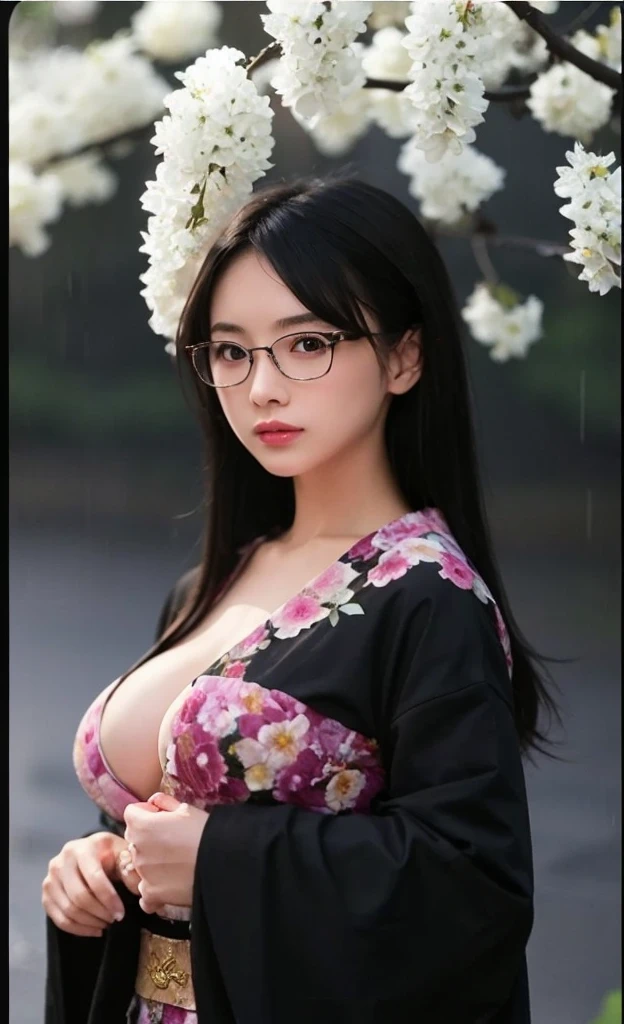 Young Chinese girl，White skin，Delicate facial features, Beautuful Women, Red cape, Face the lens, Full breasts, Slim figure, beautifullegs, k hd, Highest image quality, The body is curvy, wears glasses, The background is the riverside on a rainy day, Black hair, slanted bangs，snowflake hair ornament, Chiaroscuro, Eye level shots, hyper HD, high qulity, A high resolution, hyper HD