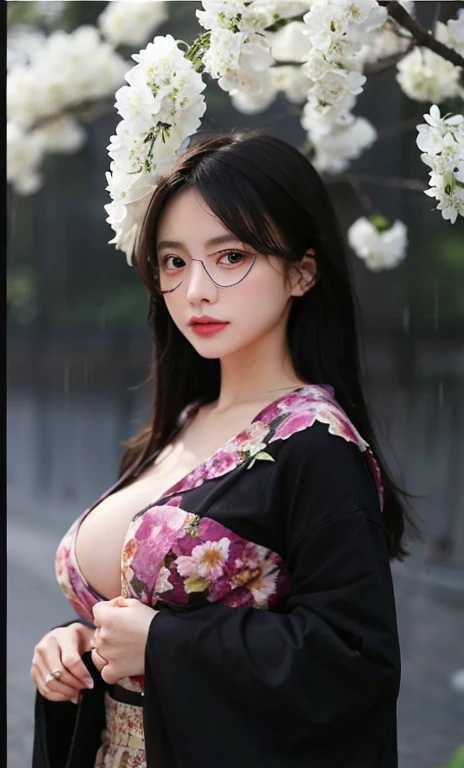 (masterpiece, highest quality, High resolution,8k), Beautiful Japan woman at 35 years old, Wear glasses, beautiful black hair, Wear glasses, tying hair,big breasts, cleavage,Rows of cherry blossom trees in full bloom , black leather jacket, White tube top, Fitted skinny denim pants, Motorcycle Leather Boots, cowboy shot, Taken at the best angle