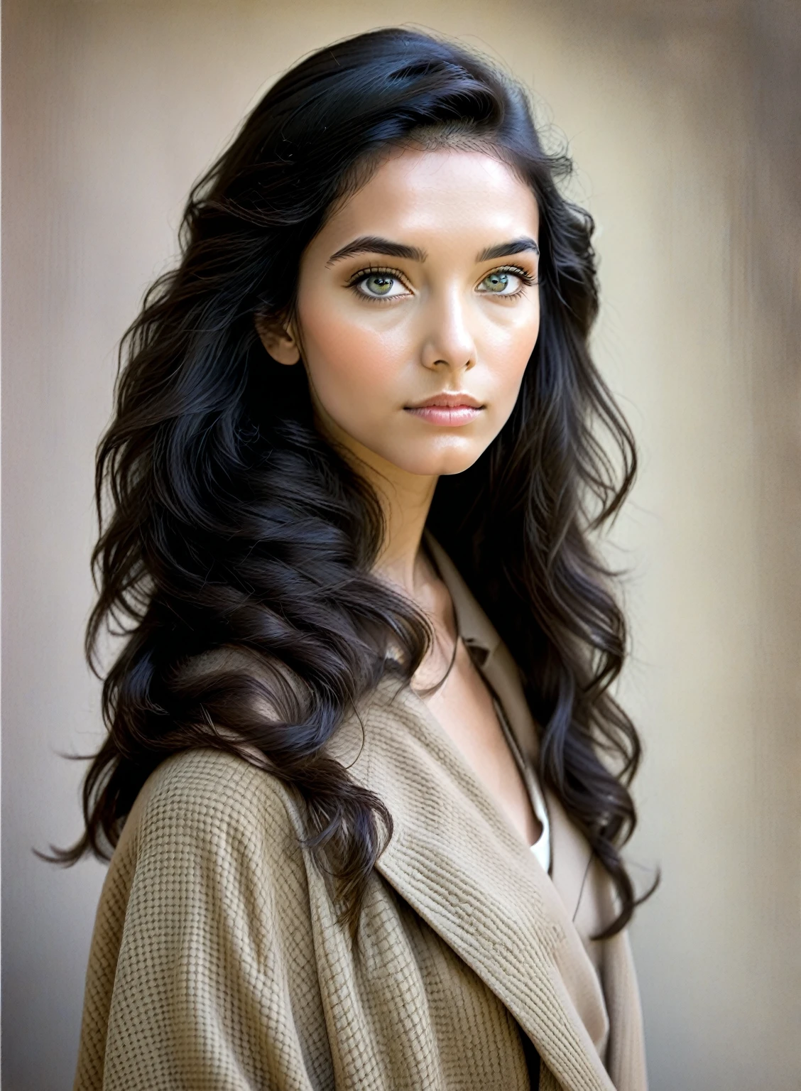 Best quality, masterpiece, ultra high res, (photorealistic:1.5), raw photo, 1 Mediterranean girl, nude, wear nothing, in the dark, deep shadow, low key, cold light, sexy look, long black wavy hair with bangs (((black hair))), golden eyes, sharp eyes, eyeshadow, plain white background, nsfw