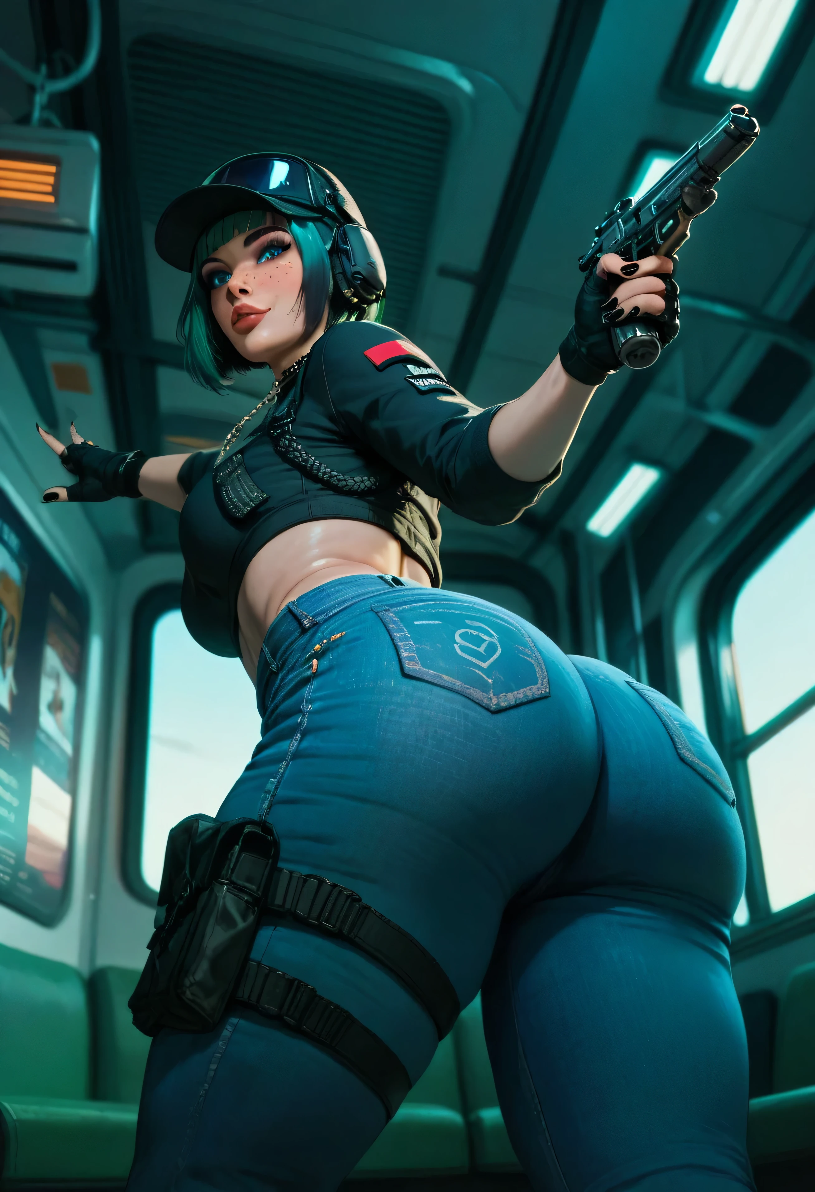 from behind, focus on ass, (masterpiece, best quality, ultra detailed, immaculate: 1.3), epic, illustration, pastel punk girl, 1 girl, cute, full body, [: colorful, casual costume design,: 0.2 ], official art, rainbow lighting from below, in a nasty city, bob cut, legs open ela_(rainbow_six_siege), masterpiece, best quality, 1girl, solo, green hair, realistic, short hair,(insanely detailed, beautiful detailed face, beautiful detailed eyes, masterpiece, best quality)