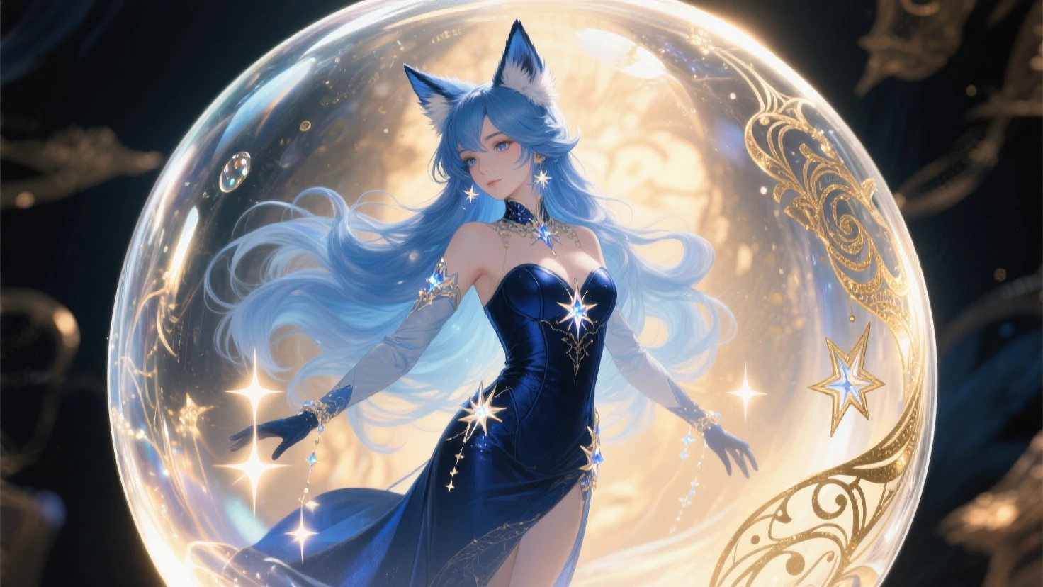 Blue and platinum tones、top-quality、​masterpiece、Official art、Perfect Angle、low angles、perfect-composition、full body Esbian、Stellar lumen、Distant antiquity、cosmic space、placenta、Foundation of Creation、stele々Creating a、stardust、Alpha and Omega、Mysteries of the universe、Silence、calmness、Eternity is in the ephemeral、Cosmic Light、Beauty beyond human knowledge、Primordial Goddess、Blue skin、abnormity、Cat-like life forms、high head and body、Tall and lean、resolute、noble、Deities々Right、draconian、Absolute existence、