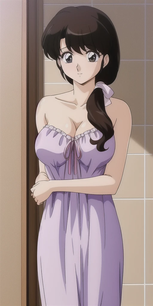 bonnie,black hair,black eyes,lipstick, small round earrings,purple dress,cleavage,huge breasts, smile, standing,upper body,living room, (insanely detailed, beautiful detailed face, masterpiece,best quality),