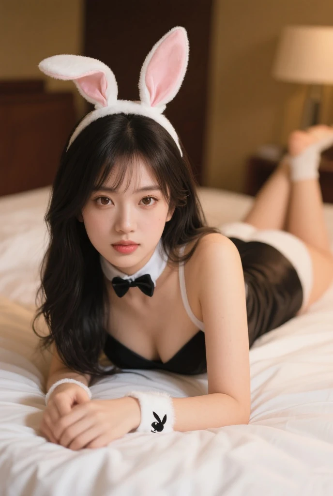 Ulzzang-6500-v1.1, (RAW Photos:1.2), (Realistic:1.4), Beautiful detailed girl, Very detailed eyes and face, Beautiful and fine details, Ridiculous, Incredibly ridiculous, Huge file sizes, Very detailed, High resolution, Very detailed, highest quality, Tabletop, One girl, 16 years old, ((Very detailed)), ((Dynamic pose))), (Camel Toe), (Open your mouth)),((Drooping eyes)),((round face)),((curl inside hair)), （Look away：1.1),Close-up of face,(((黒いplayboy bunny)))、Upper Body、Black Costume、Has bangs、((slender))、Slim body、((Look down)、((Eyes Wide Open))、(((Angle from below))、(D cup milk))、((Gorgeous Bra))、skirt、Eyes Wide Open、((((Surprised))))、Be surprised