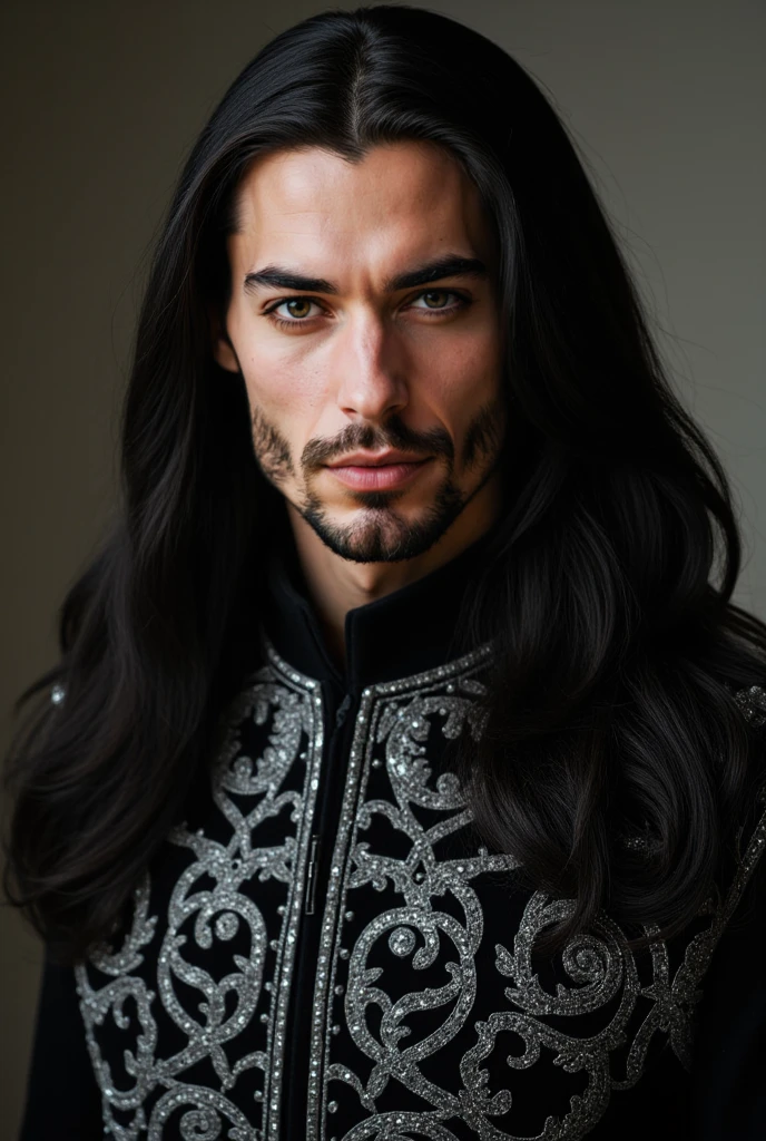 Young and tall lovely vampire man with big indigo eyes and long black hair