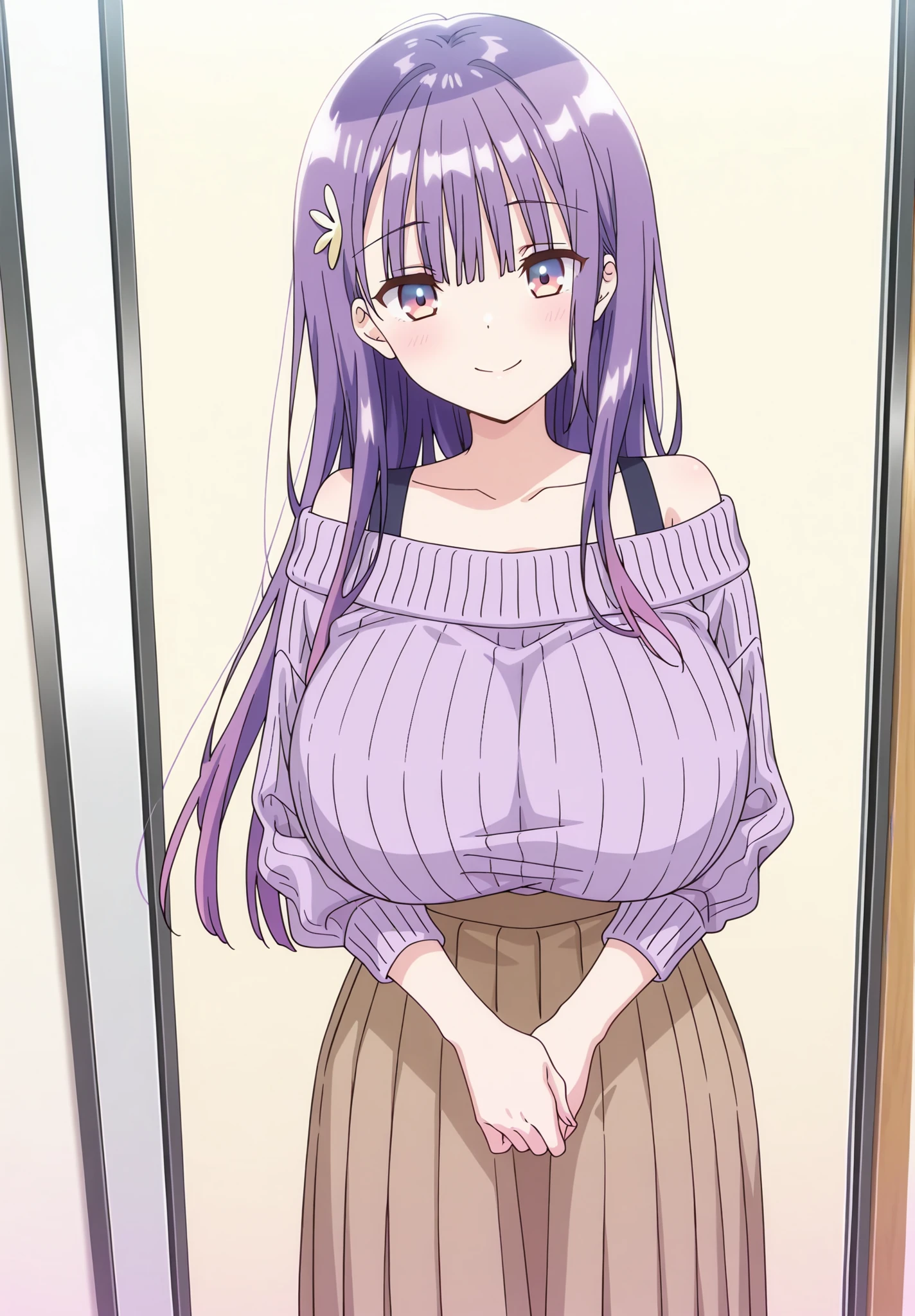 (1girl, solo:1.5), long_hair, purple_eyes, purple_hair, bangs, smile, symbol-shaped pupils, multicolored hair, star-shaped pupils, ,nsfw , large breasts, nipple, Walking, , smile,, ,ShoppingMall, , frozen, wet, ,, Naked, Blind ,Temptation, Blank look, empty eyes