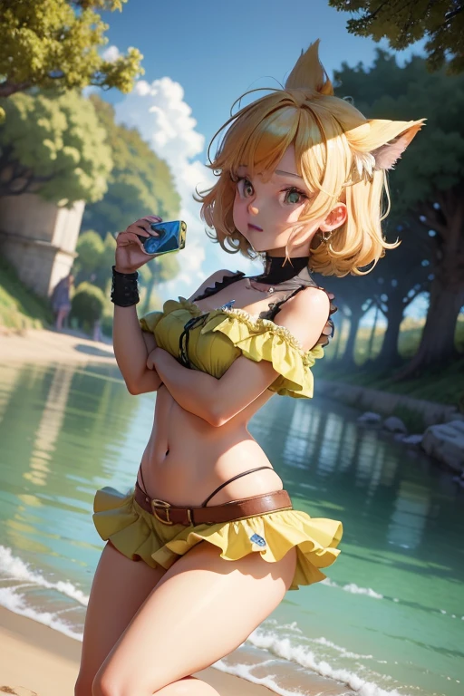 Background is park after rain, rainbow in the sky, wearing a frog-like hood, fusion of rain poncho and frog, see-through rain poncho, rain poncho on swimsuit, rabbit ears, cinematic lighting, thick eyebrows, small, pigtails, beautiful blonde, braid, (masterpiece), ((highest quality)), (super detailed), full body beastman girl, clean and detailed face, beautiful eyes in high resolution, Five fingers, textile shading, perfect human body structure, perfect anatomy,