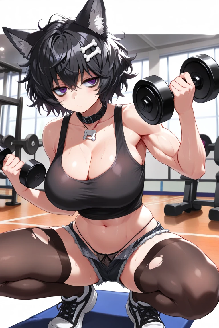 (masterpiece), anime, Best quality, good anatomy, one girl, ( Spread your legs), white eyes, Big breasts, realistic face, gloomy face, Looking down, dark hair, short hair, navel ,decollete, camel toe, bare shoulders, tight black top, black pants, beautiful legs, gym, Reflectors, 8K masterpiece, super detail, film movie, best quality, best ditails, detailed face, detailed eyes, camera from bellow