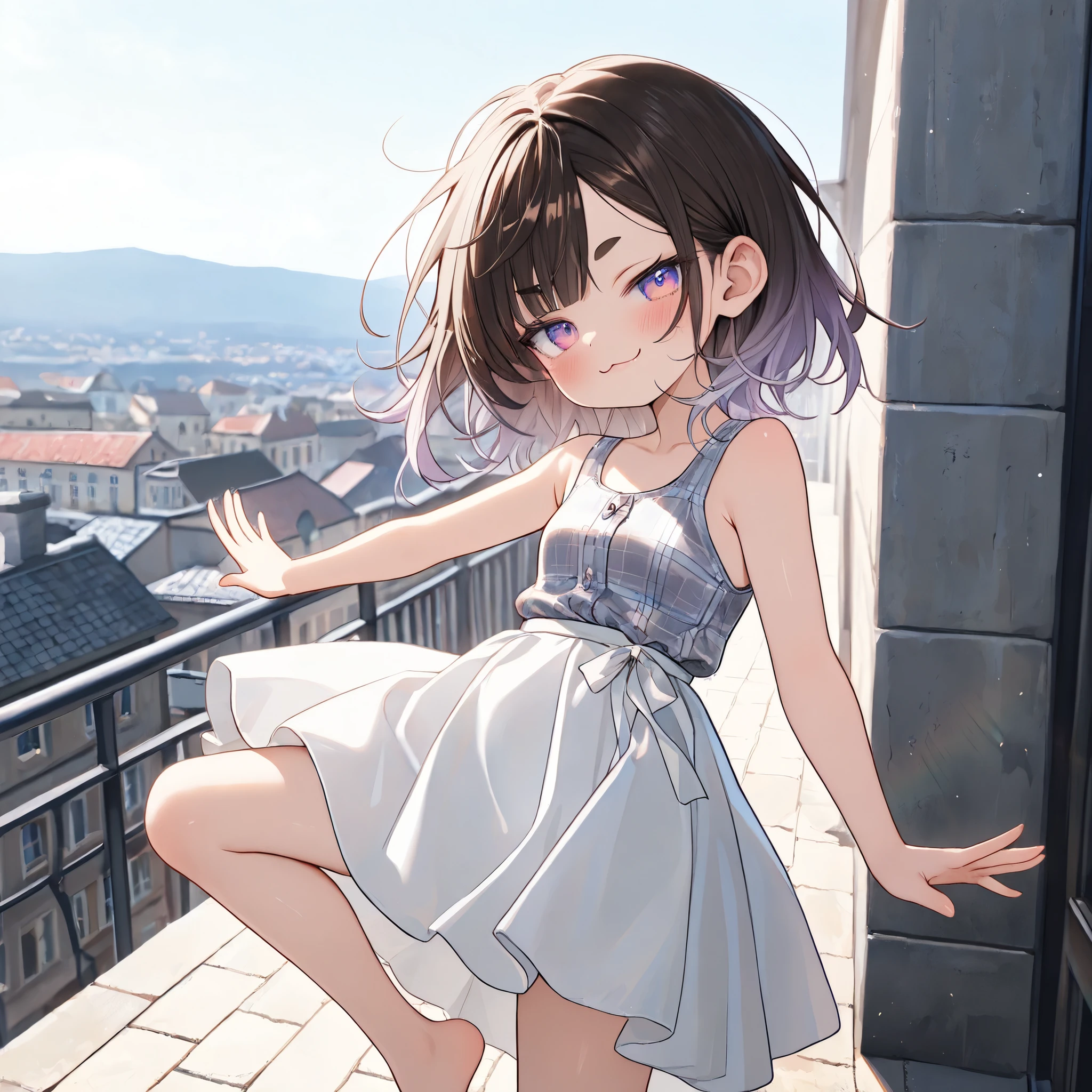 ((Masterpiece)), ((best quality, very aesthetic, absurdres, newest)), (from side, wide shot), (8K), (cinematic lighting), ((1girl)), (cute young girl), (Healthy body, Textured skin, small breast, tilt head), Glossy hair, (Asymmetrical bangs, long side bangs), (medium hair, dark brown hair, unruly hair, gradient hair), ((smug, :3, blush)), (pale purple eyes, glitter eyes, gradient eyes, jitome), big eyes, (short eyebrows), glossy lips, (lower eyelashes), BREAK, ((Plaid tanktop, hoop skirt, Nordic Folk Clothing), Beautiful collarbones, ((spread arms)), Beautiful shoulders, (Standing on one leg, toe up, balancing on the Dubrovnik townscape, Landscape below the port town), outdoor,
