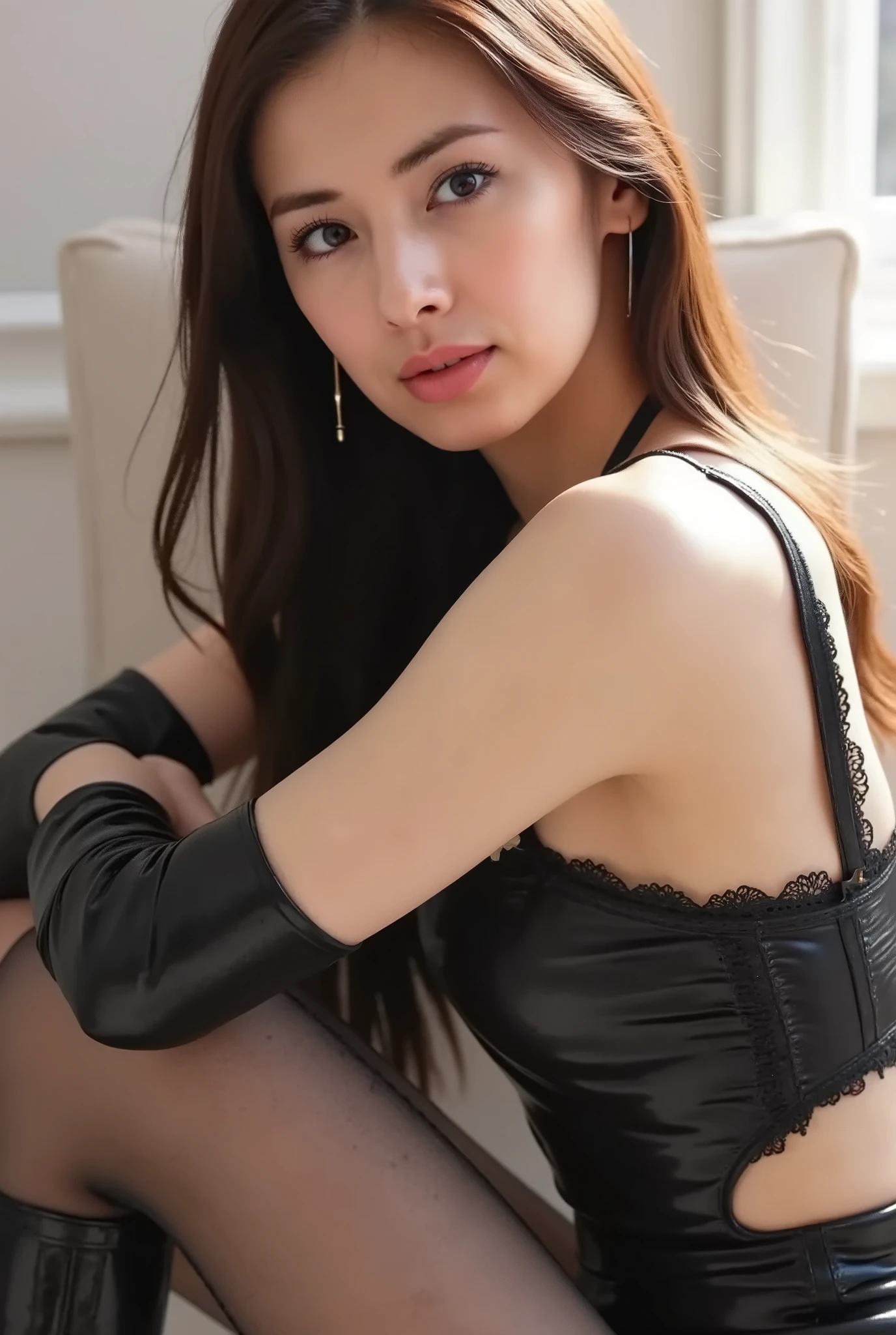 (((sitting cross leged)))、spread legs、BDSM、Queen、mistress、(((girl)))、(((solo:1.8)))、(((black latex elbow gloves:1.4)))、(((black latex corset dress:1.4)))、(((corset dress is decorated with beautiful lace)))、(((Corset dress with shoulder straps)))、(((black latex tight miniskirt:1.4)))、(((Black Thigh-High Boots:1.4)))、(((Black rubber tights:1.tiletto heel boots:1.tiletto Heels:1.4)))、(((black latex high leg panties)))、(((Black latex bra)))、(((Black leather collar)))、(((sexy pose:1.4 )))、wide thigh opening:1.2、(((erotic)))、(((cowboy shot)))、close-up、(((puts his hands on his lower back)))、Beautiful Eyes with Highlights、Completely Bound、Two anatomically perfect arms、Two anatomically perfect legs、(perfect 4 fingers and 1 thumb)、