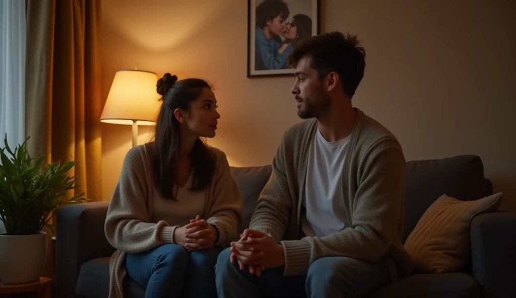adult woman 30 years old with young boy 15 years old, sitting on sofa, talking to each other
