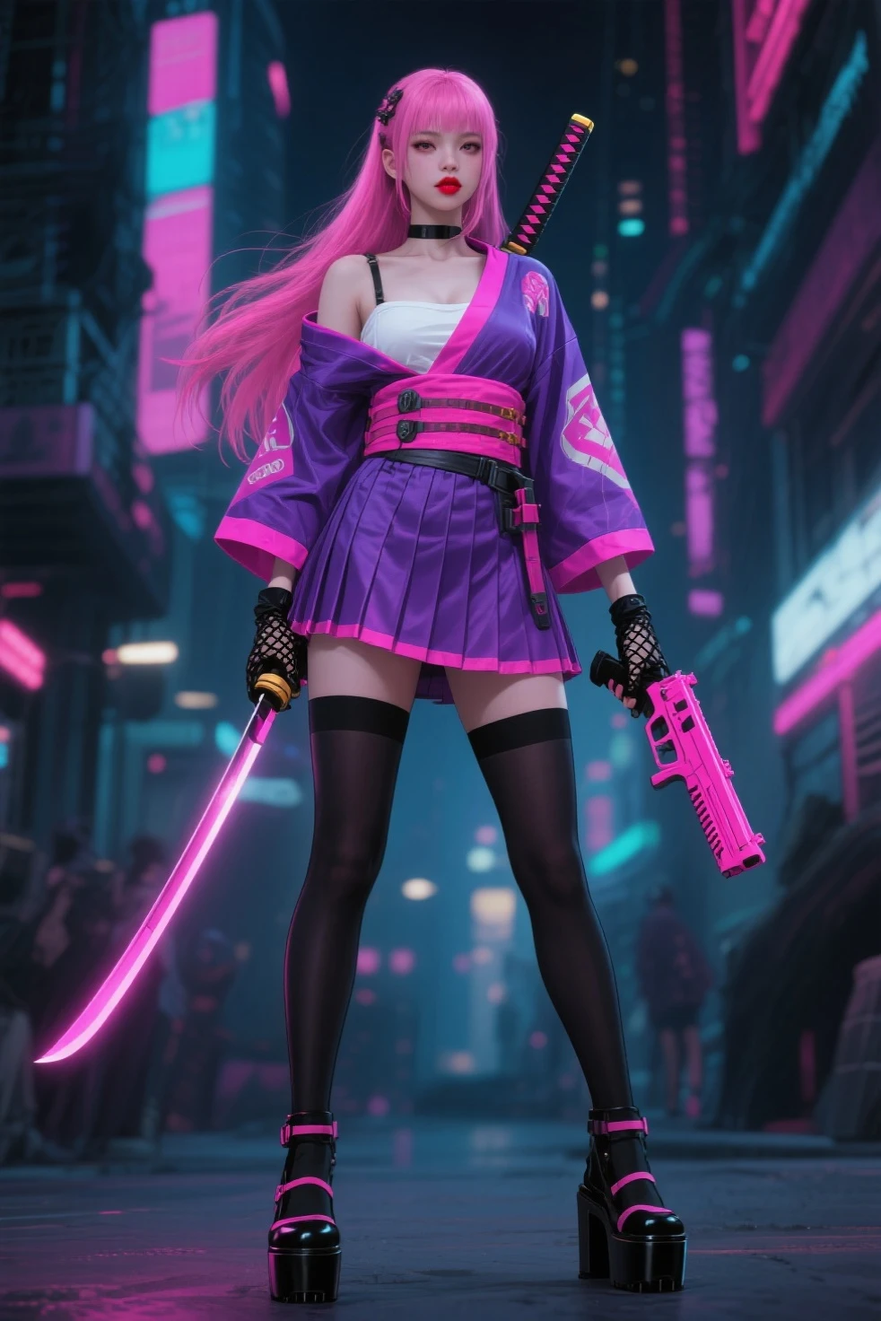 バニー耳とpinkの服を着たアニメのが通りを歩いている, artwork in the style of Gwaiz, digital Cyberpunk anime art, Gwaiz, Cyberpunk anime, Digital Cyberpunk - Anime Art, Gwaiz on pixiv artstation, anime cyberpunk art, Gwaiz on artstation pixiv, Cyberpunk anime art, Anime Style. 8k,whole body、feet,Inverted Pleated Skirt,Vibrant, Elegant, Punk Hairstyle in Side Cut, Looking at the audience, Dynamic pose, Blowing, Ammunition belt, gloves, Long Shot: 1.6, Unreal Engine: 1.4, Dreamlike Bubble Shadows, Ultra-Real CG K, Realistic :1.4, Skin Texture: 1.4, 若い女性のwhole bodyのアートワーク: 1.5, Redhead, green Eyes, Fuller lips, Oborozukiyo, Sensual smile: 1.5, Elegantな, Very detailed: 1.4, More detailed, Optical Mix, Playful patterns, Animated textures, Unique visual effects, pinkのレザーミニスカート, mist, pinkのジャケット, masterpiece, Gloss, Ruins Background and Junk, color, cyan, Gyuun Ryuzu, green, pink, 茶color: 1.2, 8k リアルなデジタルアート, 32K, masterpiece, Ultra-high resolution,