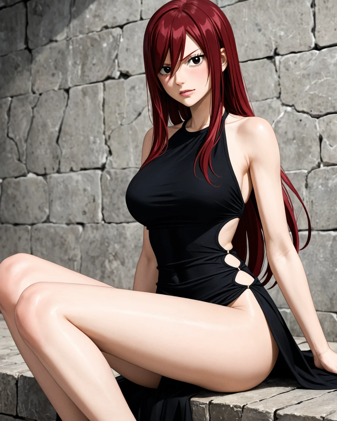 realistic, 1girl, long red hair, purple eyes, bright eyes, bikini, short skirt, lips parted, ass, night, river, sun, sunlight,