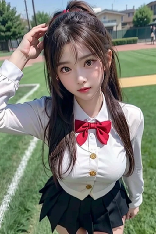 Highest quality,Realistic,masterpiece,detailed,High resolution,Cute , (reality: 1.4),highest quality, masterpiece, high detail, 16K quality, beautiful, 1 beautiful girl,japanese,super beautiful face,baby face,japanese idol face,cute face,super detailed face,detailed hand,beautiful skin,oily skin,big eyes,profeccional lighting,pony tail,black hair,brown beautiful eyes, sitting whith knee up,arms behind back,big smile,legs spread,spread pussy,(skirt lift),big breasts,(sailor suit),(checked skirt),((spread pussy)),(((detailed pussy))),black high socks,she is looking at the camera,classroom,nsfw,from below,