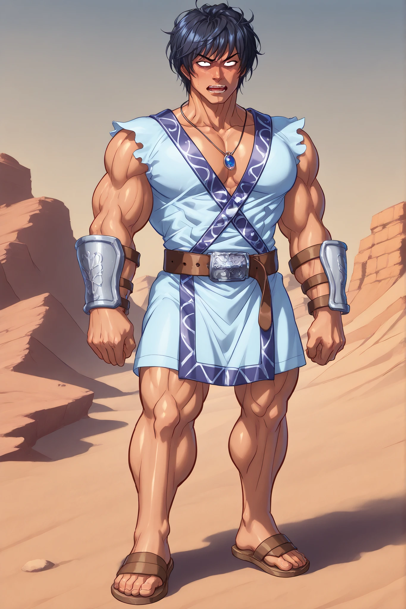 1men, slightly tanned skin, firm build, average height (1.66 m), black hair, long and rebellious , dark and expressive eyes, angled face, Mirada Serena, wears earth-tone linen tunic with leather belt, sandals, pendant with stone, copper bracelet on a wrist, relaxed but alert posture, appearance of a nomadic merchant with a confident and reserved air, desert background or village with awnings and dust in the environment.