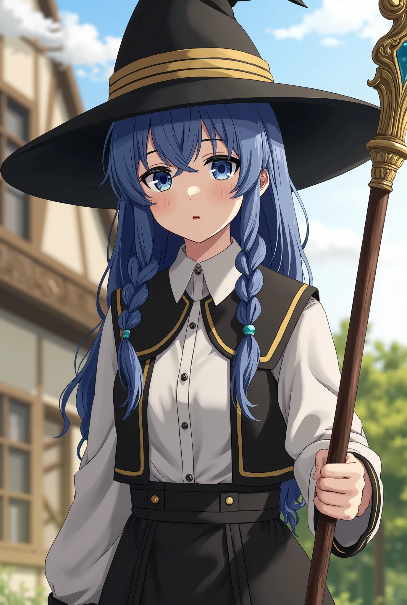 BREAK (masterpiece:1.2), best quality, high resolution, unity 8k wallpaper, (illustration:0.8), (beautiful detailed eyes:1.6), extremely detailed face, perfect lighting, extremely detailed CG, (perfect hands, perfect ???????),castle,towers,night,stars,moon,starfalls,twin braids, long hair, blue hair, blue eyes
white dress, wet dress,nipples,nipples see through,neck ribbon, black ribbon, black skirt, witch hat, black hat,sit on bench, spread legs, white panties, wet panties, camel toe, shy face.