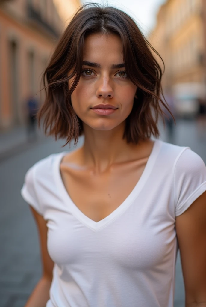 masterpiece, best quality, woman, happy, looking at viewer, curly, brown hair, brown eyes, eyes open, wheatish skin, tall, slim, drop shoulder tee, 30-year-old, european, minimalist cartooning, upper body, on the road, beautiful, fantasy