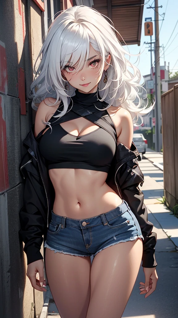 of the highest quality、Maximum image quality、obra maestra、Adolescente((18 years、 De modo que、chaleco busto、Busto medio,ancho open breast tea、ojos negros, pelo negro、pelo largo、esbelto,highest valley、lindo maquillaje、Punk's most dressed smile、pintura facial azul、pintura de cara amarilla、pintura facial rosa、jeans desgastados、chaqueta desgastada、sujetador deportivo negro、pose de modelo)),alta calidad、hermoso arte、Fondo((white room、ancho、pantalla blanca)),pieza vuela、Depth of written limit、movie、arte visual、Arte perfecto、