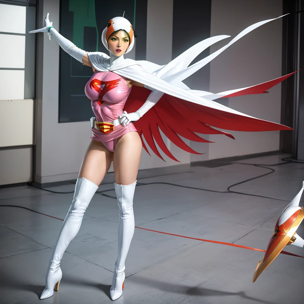 ANI_CLASSIC_jun_gatchaman_ownwaifu,1girl, 15yo,good anatomy, masterpiece, best quality,realistic, hyperrealistic, 16k hdr, long hair,breasts,green eyes,lips,large breasts,lipstick,makeup,gloves,cape,helmet,belt,elbow gloves,white gloves,mask,ultra miniskirt,leotard,spacesuit,white tight overknee highheels boots,pink dress,superhero,bodysuit,cleavage,erected nipples,(sexy pose,from below:1.2),(spread legs:1.1),cameltoe