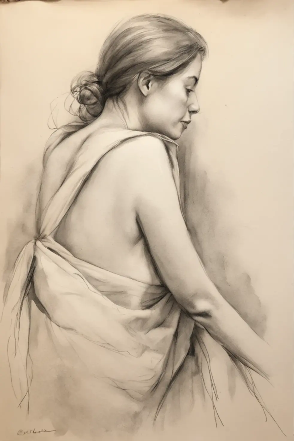 a pencil sketch of a woman , a charcoal drawing by William Twigg-Smith, CGSetnação, Arte figurativa, charcoal drawing, Pencil sketch, dynamic pose