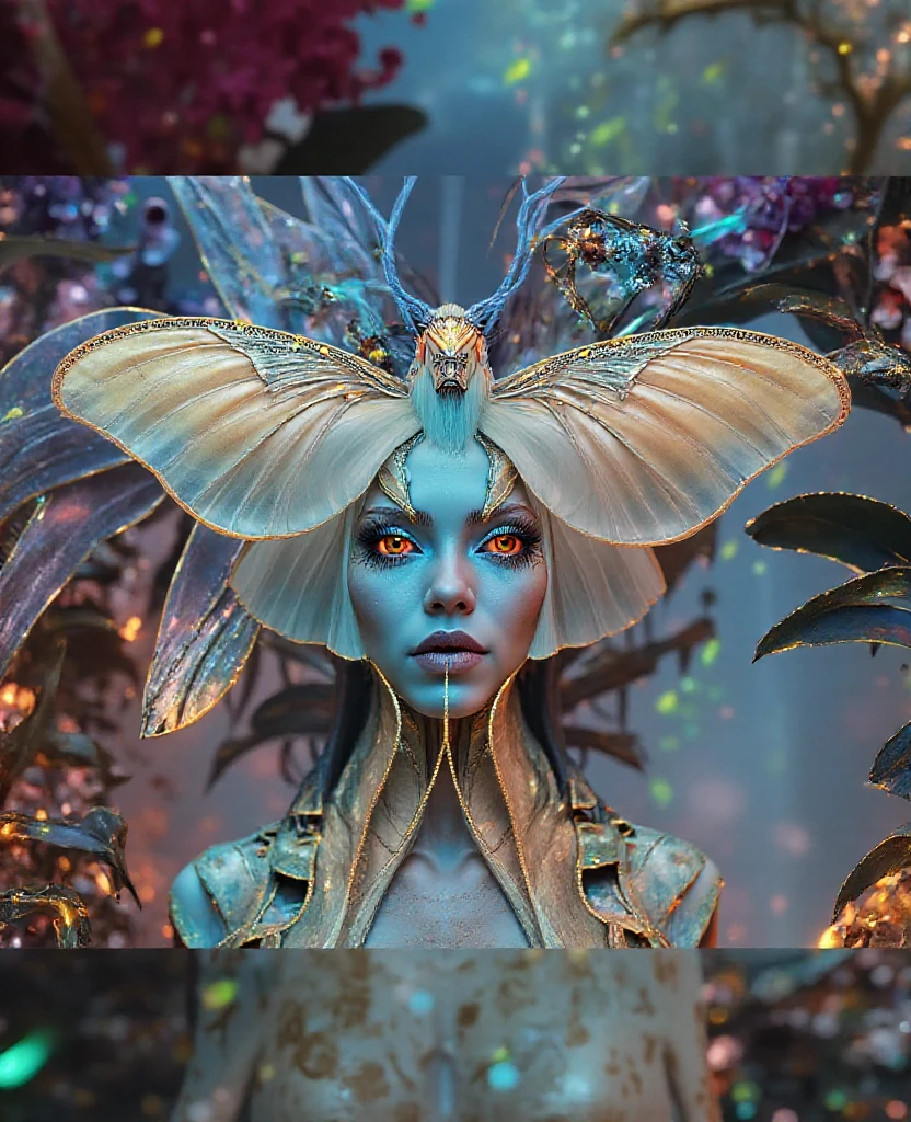 a luna moth fairy queen, cyborg, detailed portrait, ethereal expression, elegant posture, intricate wings, digital cyberpunk fantasy, vibrant colors, 8K, cinematic lighting