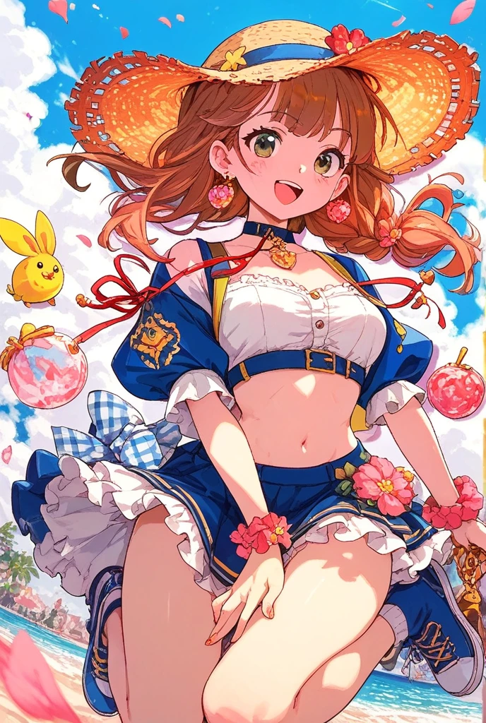 Nina has fair skin and dark peach lips. Her eyes are teal, and she has long, thigh-length straightened light apricot hair with long bangs evenly framed. She wears a fluffy fuchsia monkey-ear hat.
Her undergarments consist of a gold mesh top and panties with the chest shaped to resemble two pineapples. Her normal outfit consists of a sky blue buttoned top with ruffled sleeves and a ribbon around the bottom, and a print of bananas. She also wears a fuchsia and indigo horizontal striped skirt with ruffled trim and dark green leafy designs on each side and around the top. Her pale beige platform sandals have indigo ribbon wrapped around the heel and ankle, and the fuchsia fabric covering the toe resembles a monkey head. SPARKLE; GLITTER