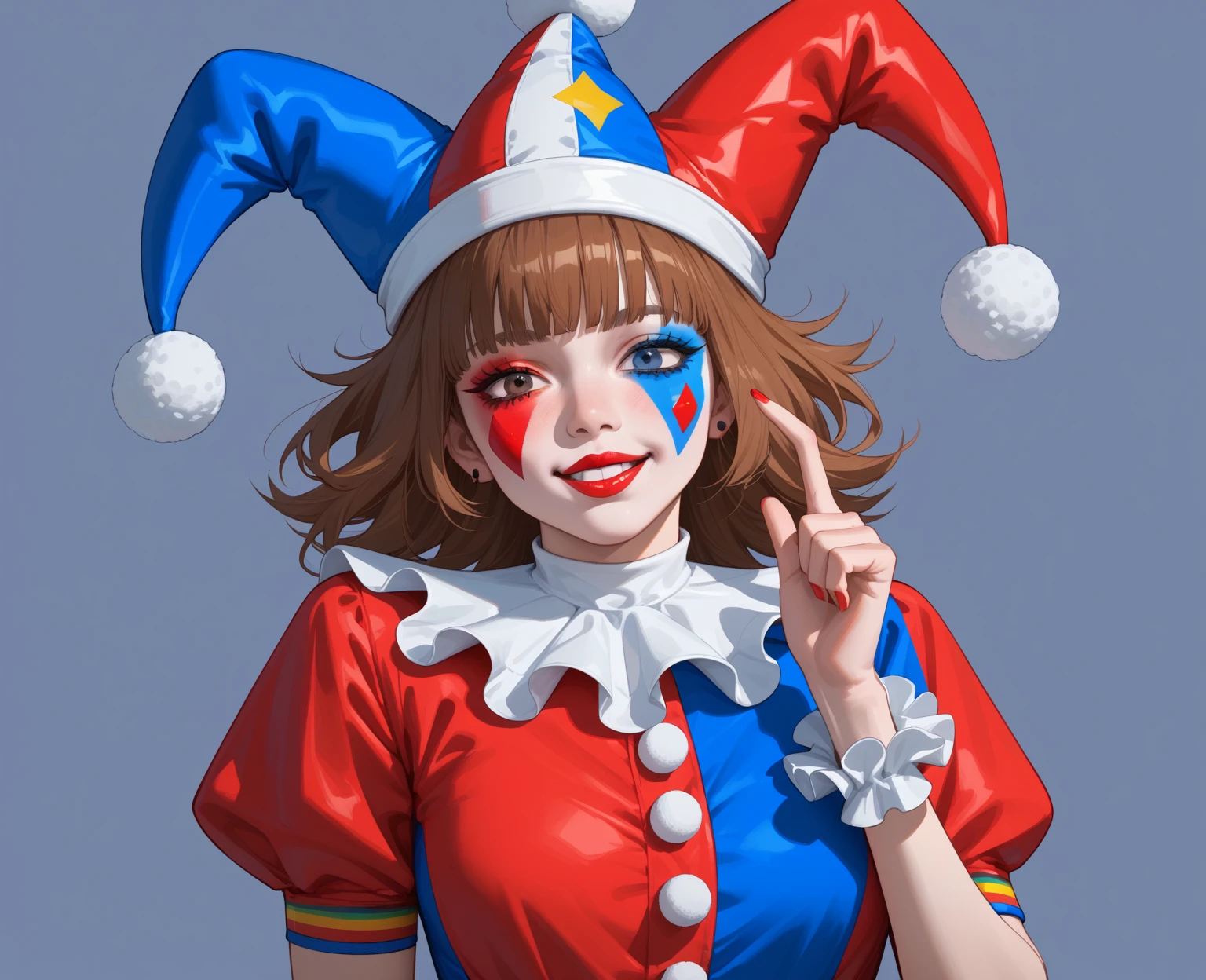 hdr,hyper HD,8K, Best quality, Masterpiece, Highly detailed, Golden hour lighting, Physically-based rendering, 1girll, Solo, a joker. Colorful, Clown hat and flowers, Clown costume, mitts, Heart-shaped painting on the face, dark gold hair,(cheerfulness), Smile,Cute,White face, Wavy hair, hair-bun, ((full bodyesbian)),