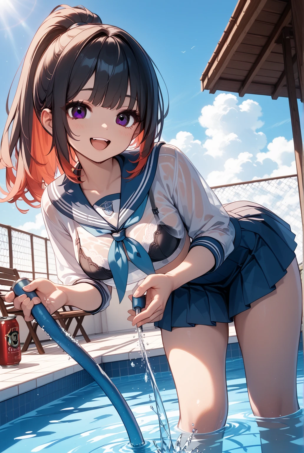 (best quality,4k,8k,highres,masterpiece:1.2), ultra-detailed, on knees, sitting,arms behind back,takami chika, sailor top, school skirt, midriff, slightly excited and smile, sleeveless, thighs, cowboy shot, hair ornament, (transparent disappearing clothes), pink eyes ,big breasts ,((soaked in cum:1.2))