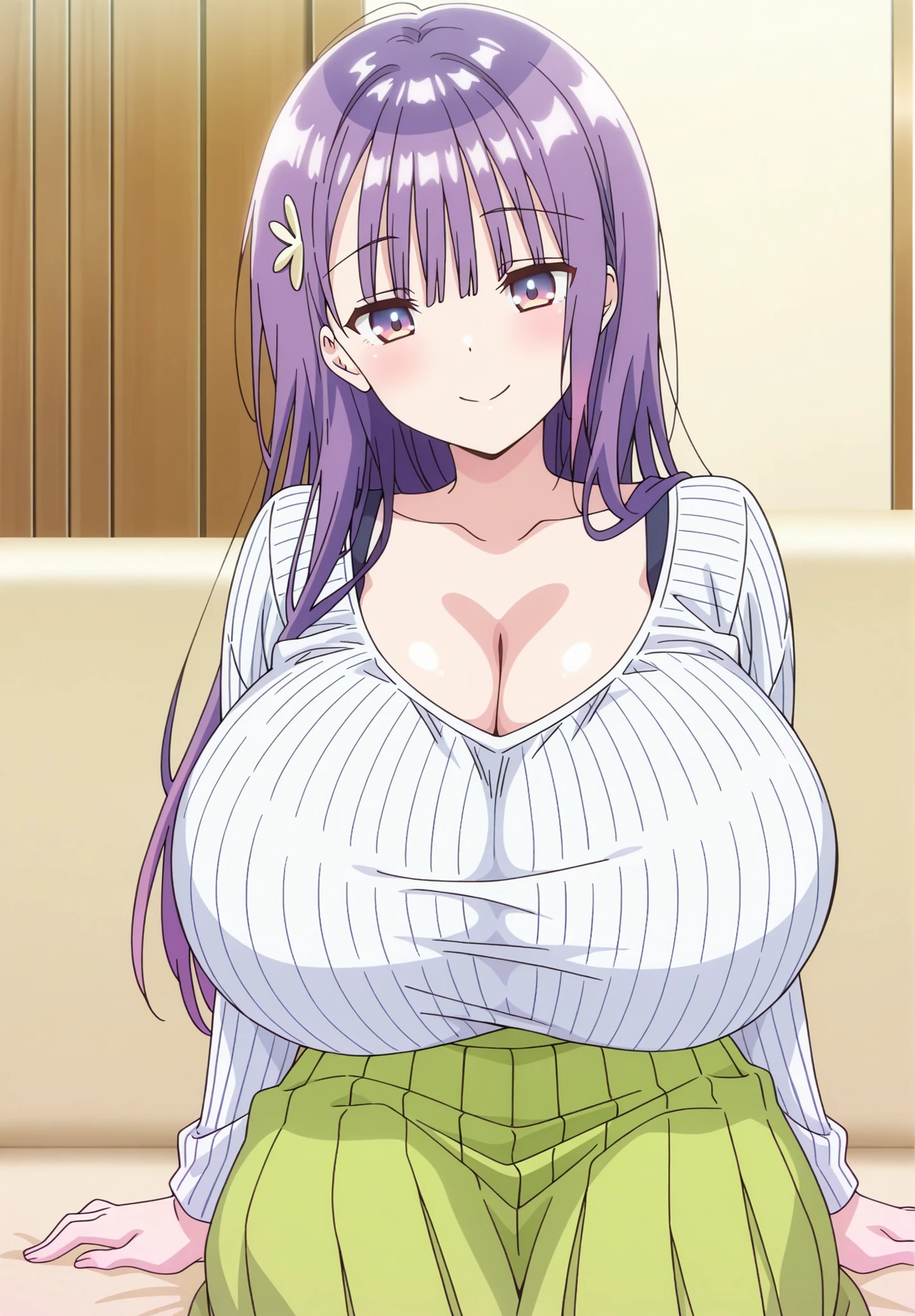 sweat, full-face blush,corruption, looking at viewer, (happy, smirk,smug, teeth,smile ),(huge breasts), sitting, on bed, hotel room, nightgown,see-through, heavy breathing, wariza, riveria, very long hair,Young woman sitting and waiting for her boyfriend to stare at the camera, elf, long hair, kind smile, green hair, emerald green eyes, white shawl, shirt Green formal coat, black tights, (masterpiece),(best quality),extreamly delicate and beautiful,(realistic:0.5), high quality, 1girl, solo,solo_focus