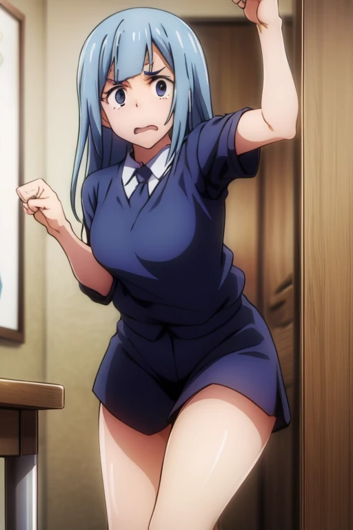 Peeing self, Have to pee, Anime, looking at camera, embarrassed, blush, pee stain, pee stain on skirt, peeing, yellow pee, tears, crying, out of breath, sweating, blue eyes, blue hair, one girl, caeda fe