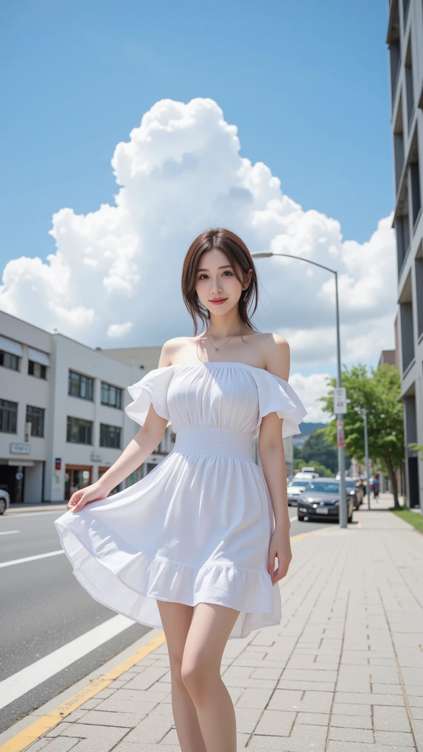 (Front Focus、Perfect Anatomy:1.5)、(ultra-detailliert、16k picture quality、Raw photo: 1.6)、Portrait of a hyperrealist woman、Fantasia 、art by、photoRealstic、Dynamic lighting、Volume Lighting、extra detailed face、smil、女の子1人、sixteen years old、cleavage of the breast、（White ONE PIECE DRESS:1.5)Back exposure、Exposed shoulders、Looking Back 1.5:）(kyoto、Lots of street stalls、夏天、natta:1.5)