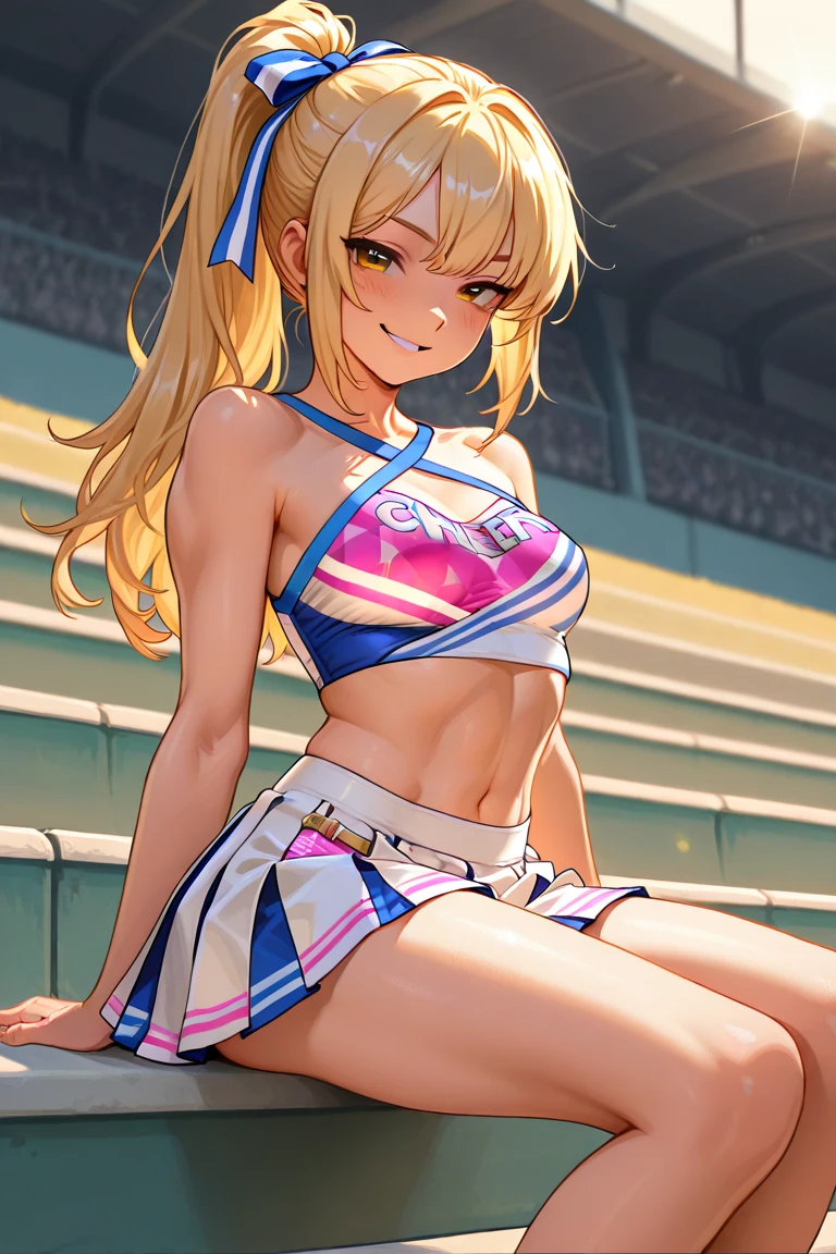 Highest Quality, ​masterpiece, beautifully detailed eyes, lightly curled Blonde Hair, Gradient Hair, pink highlights in hair, makeup, glossy lips, full lips, medium breasts, (cheerleader), cleavage, collarbone, midriff, (school field), smirk