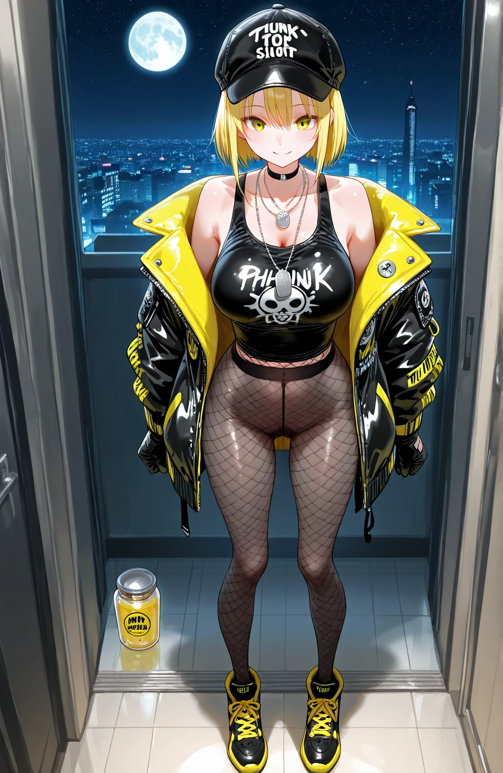 1girl, (((bimbo))),hoop earrings, big puffy lips, painted lips, thick lips.
Blonde hair, short twintails, grumpy, wide hips, thick thighs, perky breasts, bursting breasts, Nightlife, Night city, Cyberpunk city, futuristic cityscape. Neon lights, (skyscraper:1.1), Tokyo tower, palm tree, cloth sign, ramen stall, night club. bright city lights, exotic car. alcohol, bar, ramen, soup stall ,alcohol bottles, stomach blush, overflowing breasts, rounded stomach, pubic tattoo, word underbelly tattoo, cameltoe, gym shorts, sexy dolphin shorts, low hanging shorts, slutty yellow jacket, vagina liquid running down between thighs, no panties, pussy juice in between thighs, legs slightly apart, ruler tattoo, ruler tattoo with heart on top, pants fly open, covered nipples