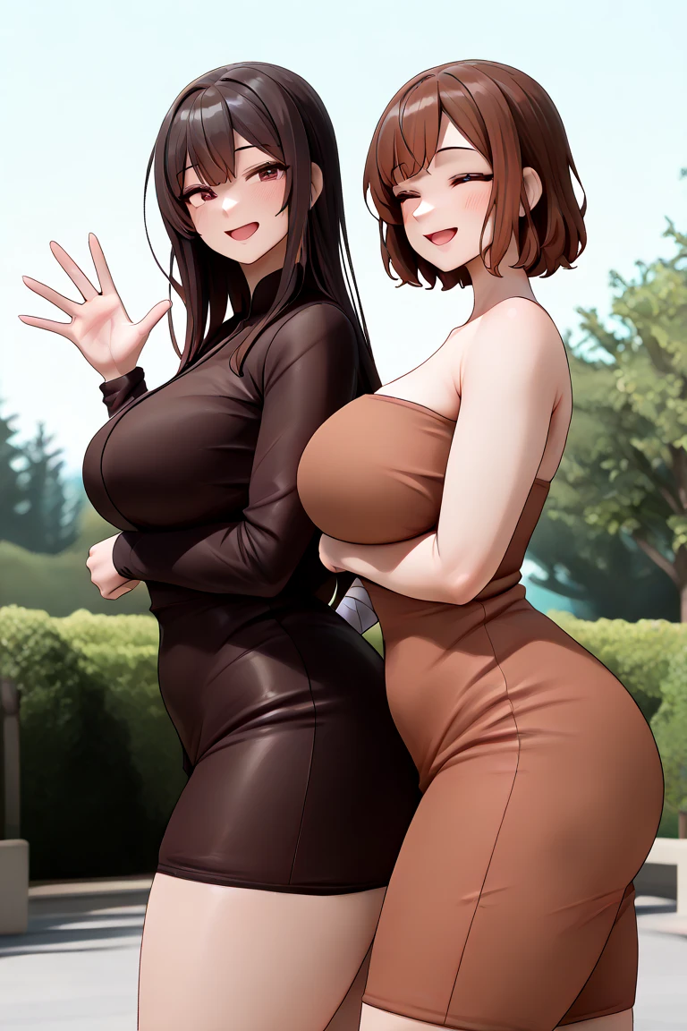 best quality, (masterpiece),(ultra-detailed), (high quality), (high resolution), ((2heads:1.5)), best quality:1.5, highres, UHD, 16K), two headed woman, smiling, highres, masterpiece, ((brown hair:1.5)),cleavage, ((brown dress:1.5)), lustrous and smooth skin, huge breasts, (mature woman), seductive silhouette, ((slim hips)), casual dress, sexy proportions, Beautiful girl with accentuated slender abs, long legs, seductive woman, background, necklace, body con dress, strapless, sleeveless, ((black eyes)), white gloves, business office