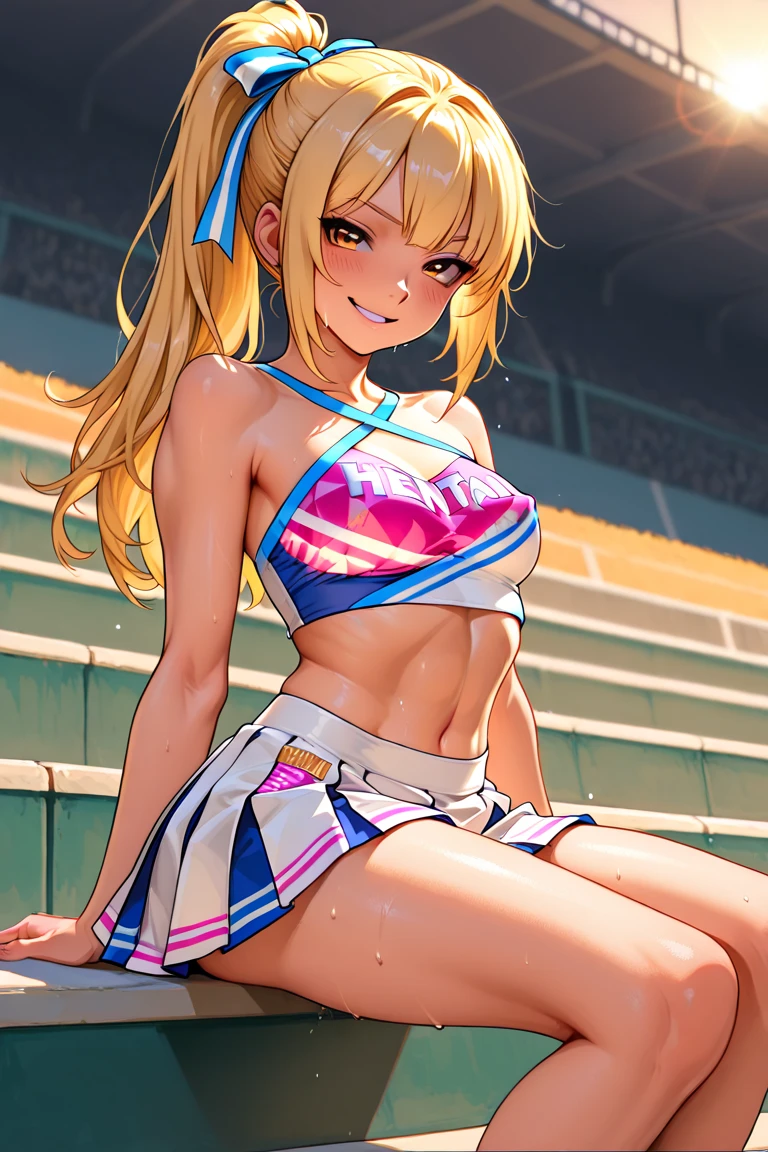 masterpiece, best quality, highly detailed, ultra high res, ayase arisa, 1girl, solo, hazel eyes, hair ornament, short ash blonde hair, side ponytail, glossy lips, cheerleader, pink thigh highs, looking back at viewer, school field, medium breasts, halter top