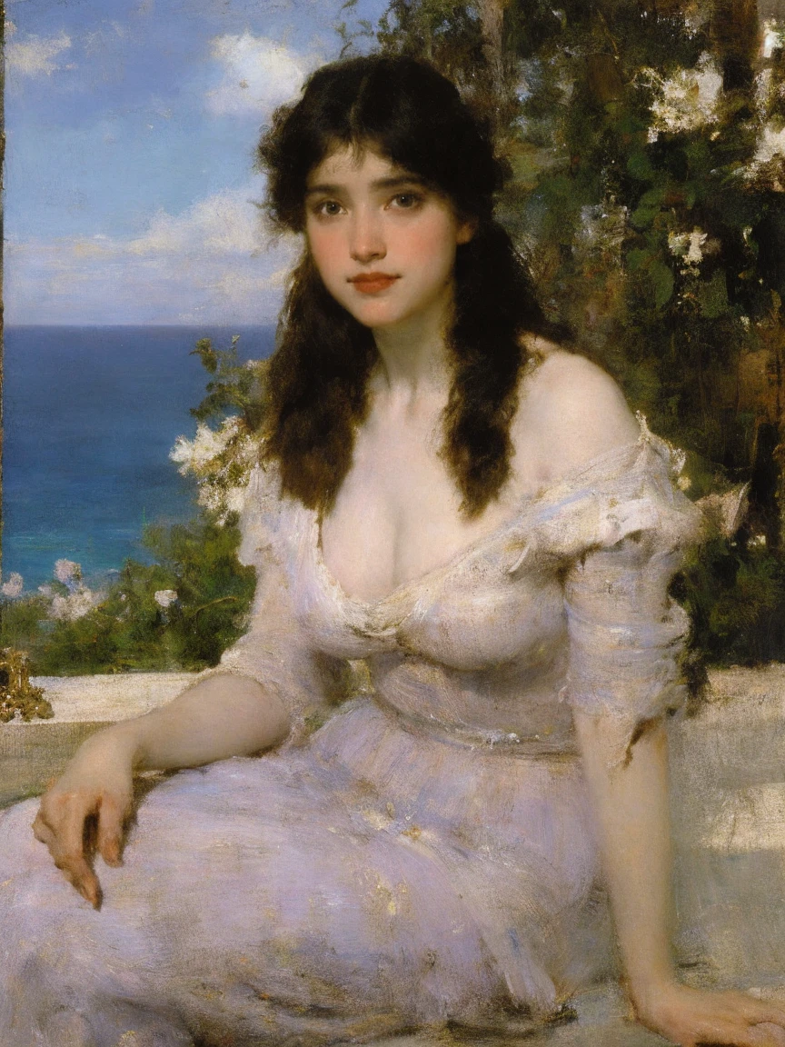 there is a woman sitting on a bench with a cake, realistic fantasy painting, realistic painting, portrait of teenage aphrodite, beautiful realistic painting, hyperrealistic fantasy art, realistic cute girl painting, very realistic painting effect, greek myth digital painting, portrait of megara, realistic art, super realistic painting style, realistic painting style, vitaly bugarov