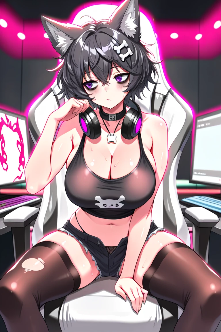 Adult, Female, Black hair, pink eyes, goth girl, gothic aesthetic, goth clothing, goth make up, thick thighs, medium chest, annoyed, disgruntled, sitting in gaming chair, gt racing chair, bedroom, gothic bedroom, aesthetic bedroom, Masterpiece, Accurate, Anatomically Correct, Best Quality, High Details, Detail, Super Detailed, Best detail, Perfect detail, Amazing detail, [-3, 3], perfect hands, best hands, best fingers, perfect fingers, perfect body, best body, amazing body, Looking at viewer, front facing, upper body shot,