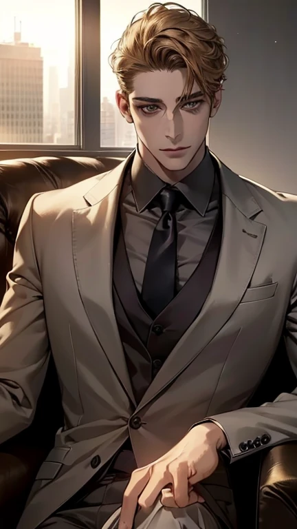 (absurdres, highres, ultra detailed, realistic, ), 1 male, solo, adult, mature, tall muscular guy, ,(sitting on a sofa,cross-legged), broad shoulders, handsome, very short hair, black hair, brown eyes, angular jaw, thick neck, thick eyebrows, night, dark, the night view of the city background, formal suit, necktie, upper body