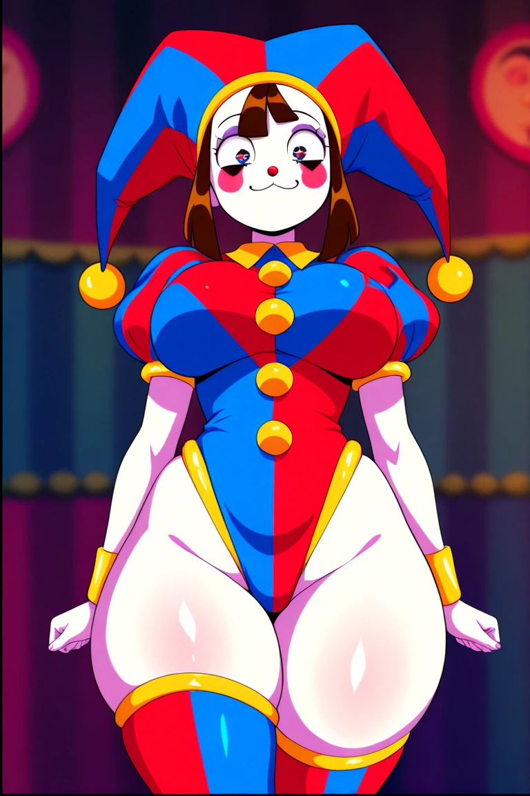 (masterpiece, top quality, best quality, beautiful and aesthetic:1.2), clown, clussy, clown makeup, bimbo, bimbofied, bimbo lips, bursting_breasts, busty, choker, high_heels, huge_ass, huge_breasts, sexy pose, pinup, voluptuous woman, small waist, midriff, thick_lips, thick_thighs, top_heavy, wide_hips, lips, bra, thong, platform heels, bra, bodysuit, pink eyes, revealing clothes, underwear, cross-eyed, empty eyes, gloves, blank stare, brainwashing, :o, twintails, happy trance, red clown nose, makeup, eyeshadow, blush, wangari, 1girl, solo, dark skin, dark-skinned female, big hair, orange hair, blue headwear, blue_cap, brown eyes, ear piercing, smile, teeth, breasts, medium breasts, thick thighs, barefoot, luna nova , miniskirt, belt, full body,