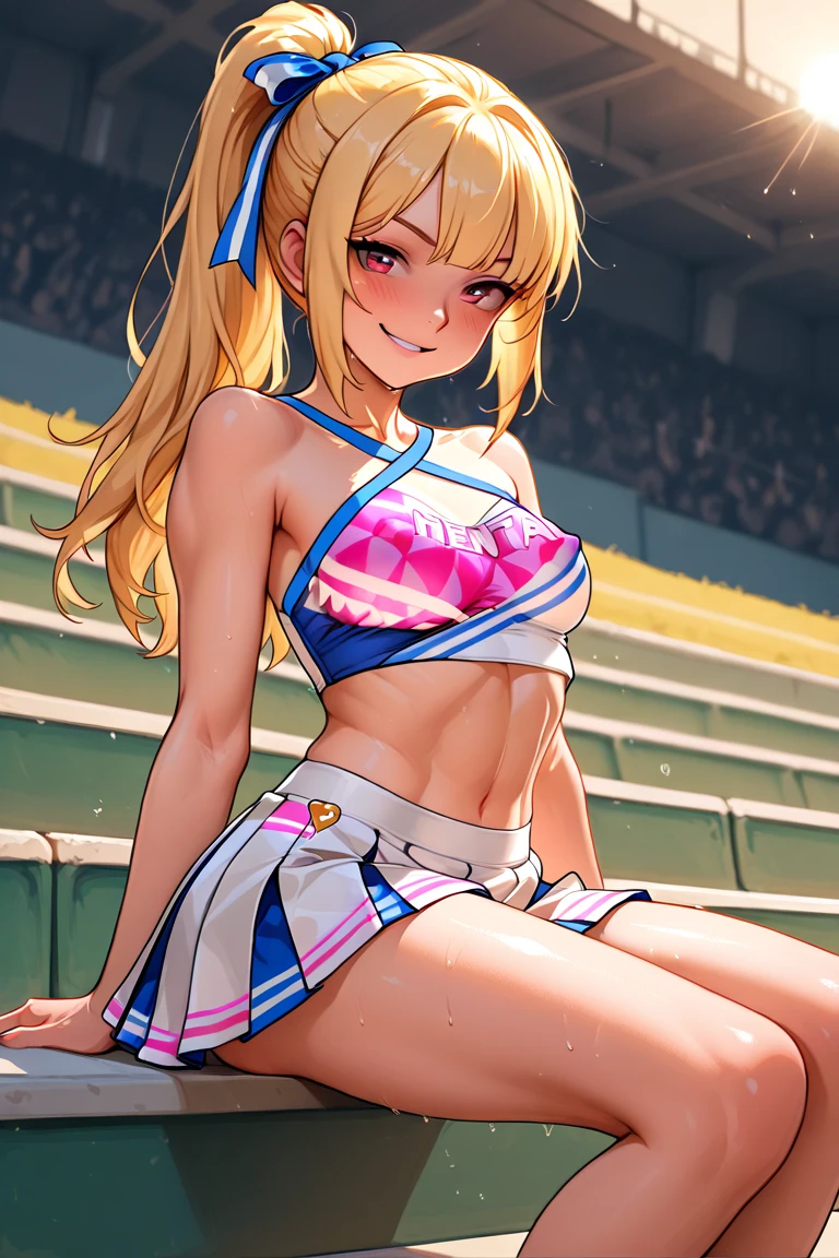 1 girl, five fingers, mini skirt, looking at the viewer, twin tails, ((highest quality)), ((super detailed)), thigh focus, belly button, Cheerleader, squat, spread your legs, grin and laugh, dynamic angle, Downから, tooth, camel toe, vapor, Sweat, Sweatをかいた, skindantation, game CG, arena, vaporing body, knee socks, Down ,